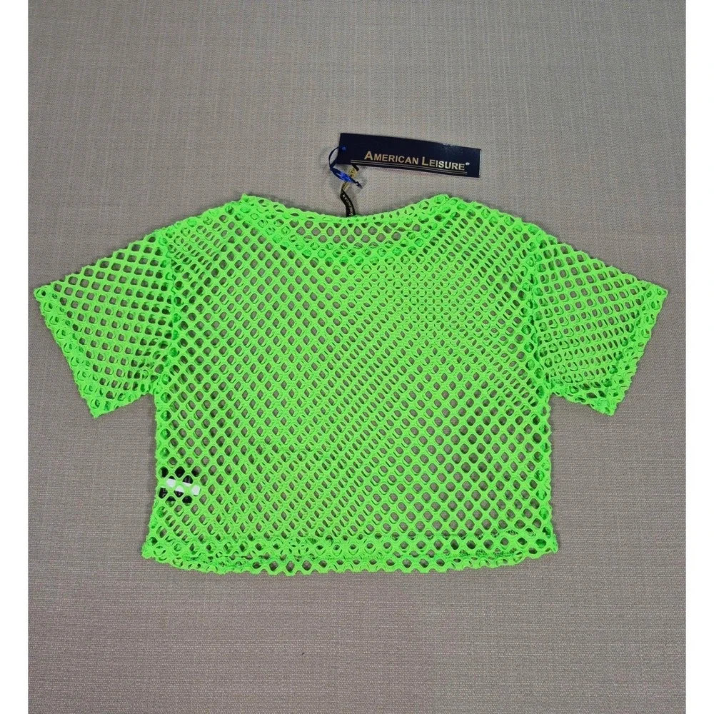 American Leisure Womens Neon Green Mesh Two Piece Set Crop Top Shorts Small NWT